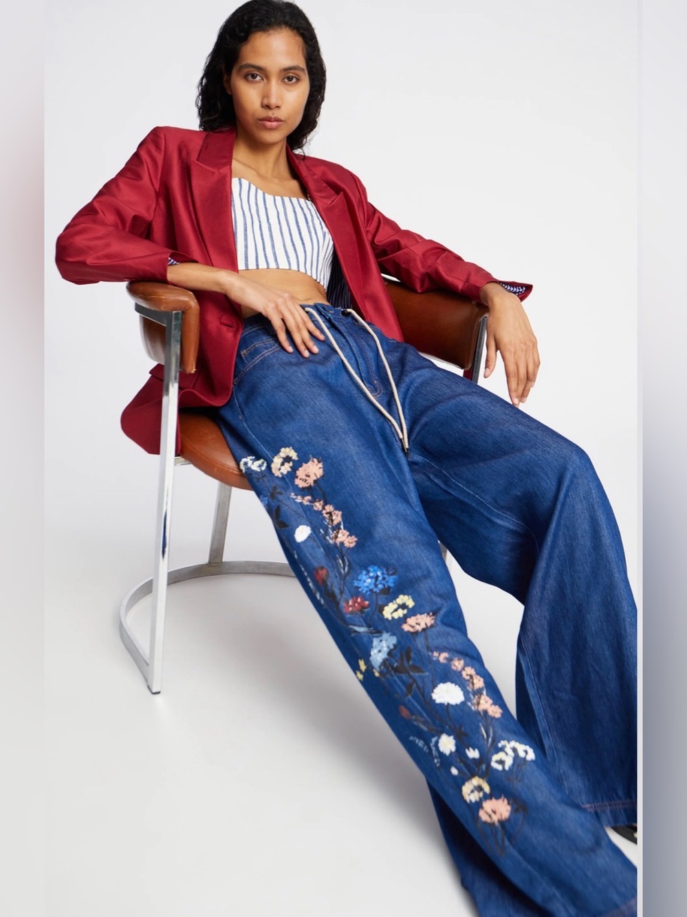 MUNTHE 100% Lyocell Obey Wide Leg High Rise Blue Med Wash Floral Print Jeans 10